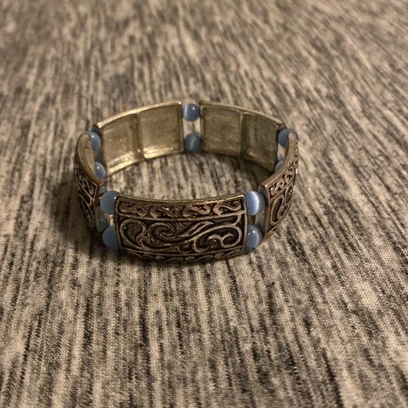 belk Jewelry - Vintage Silver-Tone Scroll Design Stretch Bangle with Blue Cats-Eye Beads